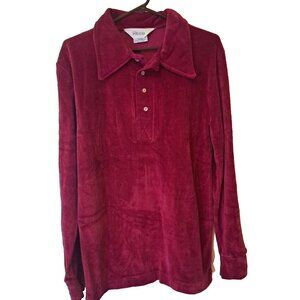 Mens Vintage Velour Shirt NEW Cranberry Red 1970s Henley Ricco Long Sleeves L